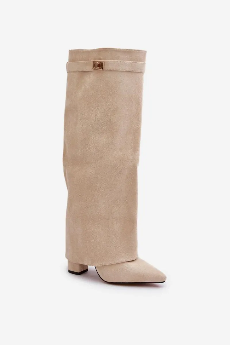 Outlet Kozaki Damskie Eko Zamszowe Z Wywiniętą Cholewką Na Słupku Beżowe Bralise Damskie Kozaki Ocieplane|Kozaki Na Słupku