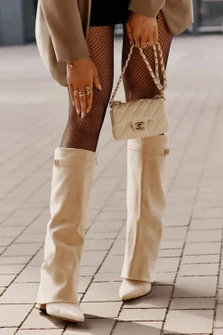 Outlet Kozaki Damskie Eko Zamszowe Z Wywiniętą Cholewką Na Słupku Beżowe Bralise Damskie Kozaki Ocieplane|Kozaki Na Słupku