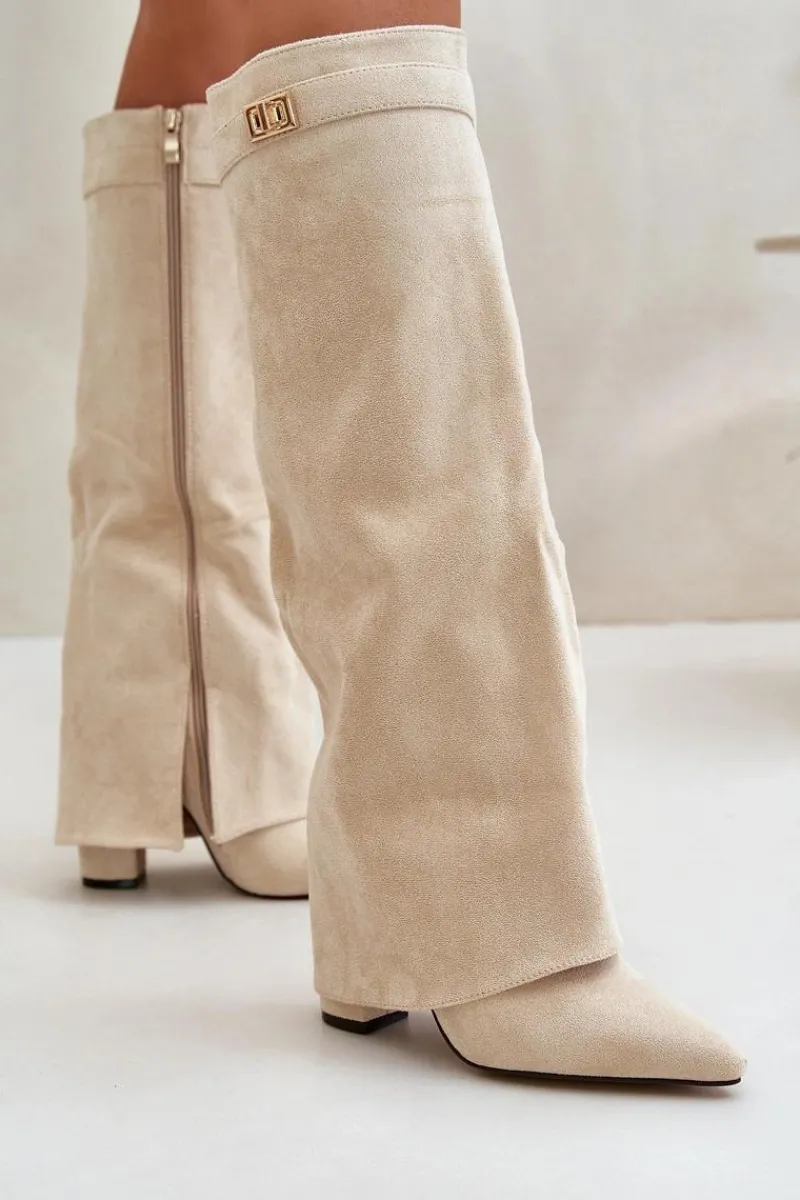 Outlet Kozaki Damskie Eko Zamszowe Z Wywiniętą Cholewką Na Słupku Beżowe Bralise Damskie Kozaki Ocieplane|Kozaki Na Słupku