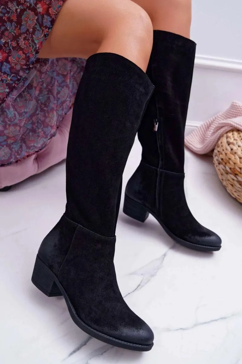 Kozaki Wiosenne|Kozaki Płaskie>Laura Messi Kozaki Damskie 2071 Skóra Zamsz Czarne This Love