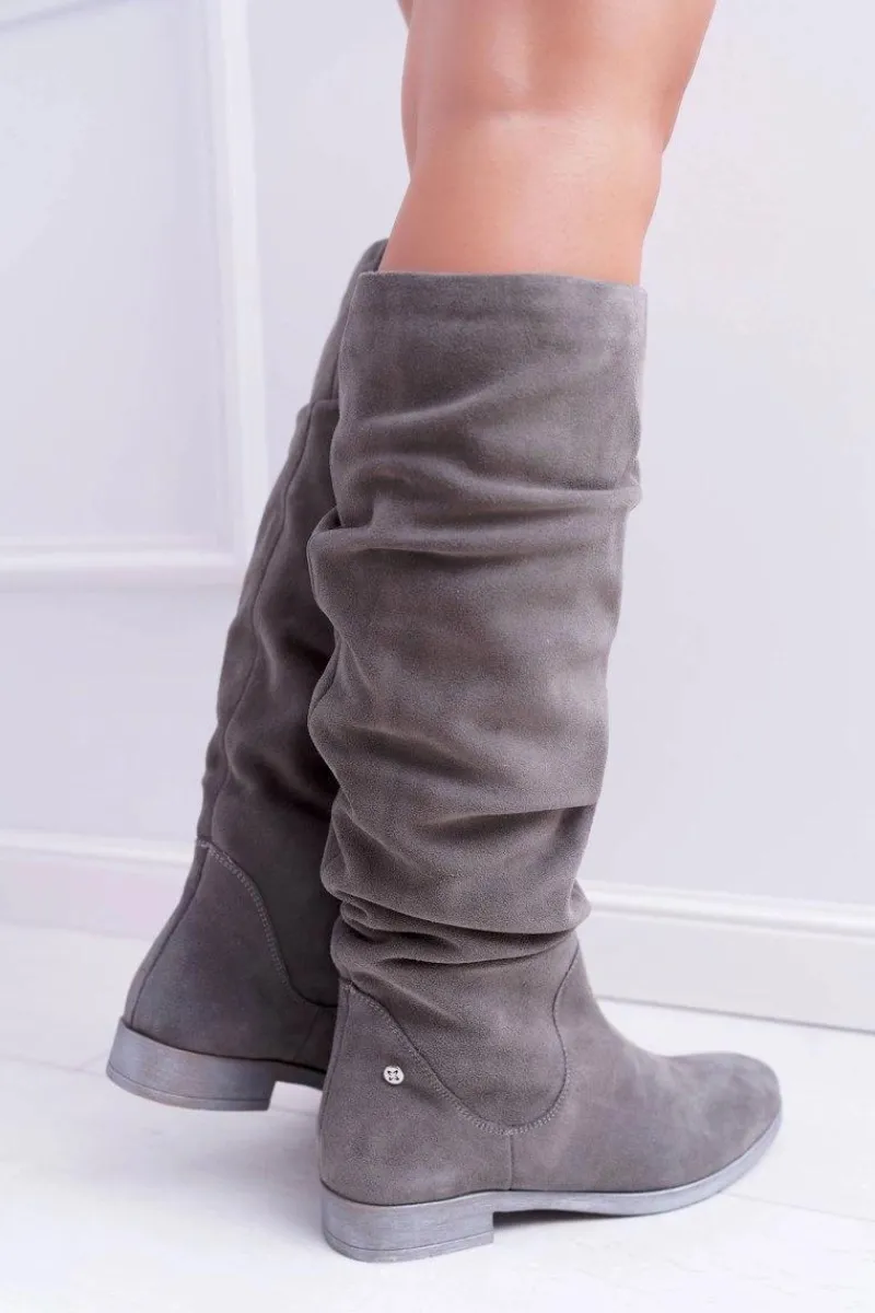 Outlet Maciejka Kozaki Damskie Skóra Zamsz Szare Pello