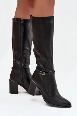 Best Kozaki Damskie Muszkieterki Ocieplane Na Słupku Z Klamrą Sergio Leone KZ25738 Czarne Damskie Kozaki Ocieplane|Kozaki Na Słupku