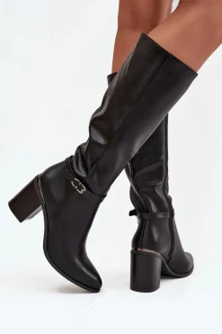 Best Kozaki Damskie Muszkieterki Ocieplane Na Słupku Z Klamrą Sergio Leone KZ25738 Czarne Damskie Kozaki Ocieplane|Kozaki Na Słupku