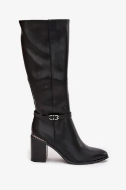 Best Kozaki Damskie Muszkieterki Ocieplane Na Słupku Z Klamrą Sergio Leone KZ25738 Czarne Damskie Kozaki Ocieplane|Kozaki Na Słupku