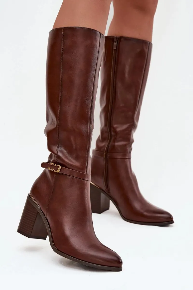 Outlet Buty Sergio Leone Kozaki Damskie Muszkieterki Ocieplane Na Słupku Z Klamrą Sergio Leone KZ25738 Brązowe