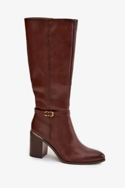 Outlet Buty Sergio Leone Kozaki Damskie Muszkieterki Ocieplane Na Słupku Z Klamrą Sergio Leone KZ25738 Brązowe