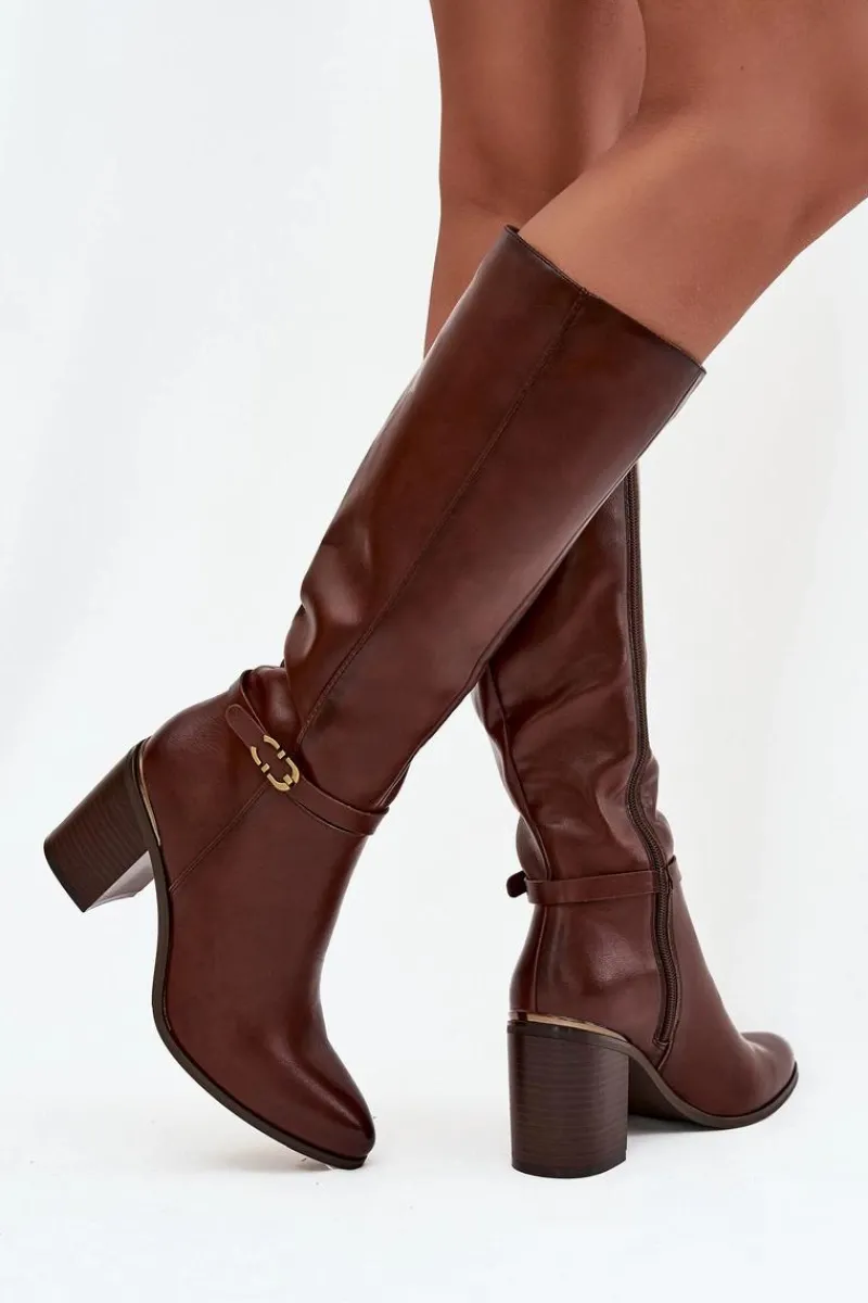 Outlet Buty Sergio Leone Kozaki Damskie Muszkieterki Ocieplane Na Słupku Z Klamrą Sergio Leone KZ25738 Brązowe