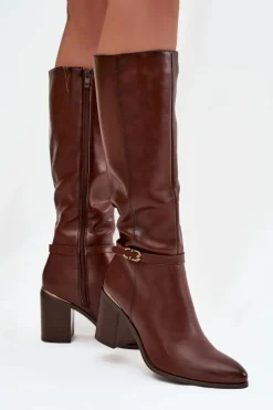 Outlet Buty Sergio Leone Kozaki Damskie Muszkieterki Ocieplane Na Słupku Z Klamrą Sergio Leone KZ25738 Brązowe