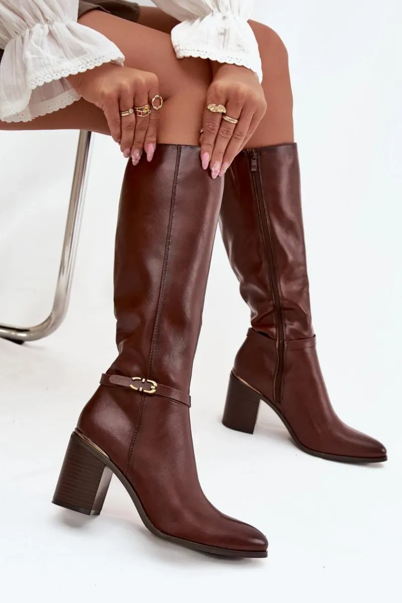 Outlet Buty Sergio Leone Kozaki Damskie Muszkieterki Ocieplane Na Słupku Z Klamrą Sergio Leone KZ25738 Brązowe