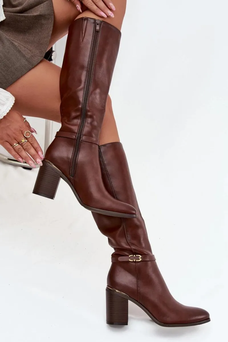 Outlet Buty Sergio Leone Kozaki Damskie Muszkieterki Ocieplane Na Słupku Z Klamrą Sergio Leone KZ25738 Brązowe