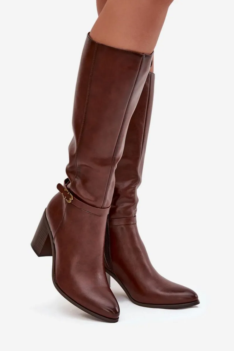 Outlet Buty Sergio Leone Kozaki Damskie Muszkieterki Ocieplane Na Słupku Z Klamrą Sergio Leone KZ25738 Brązowe