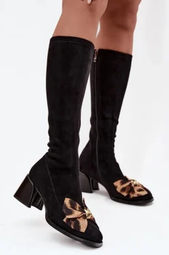 Sale D&A Kozaki Damskie Na Klocku Z Ozdobną Kokardą JC52-828 Czarne