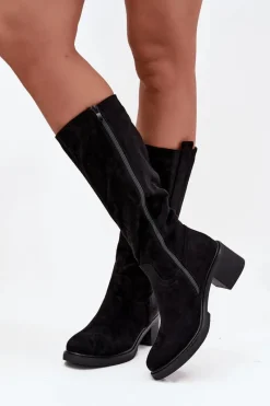 Sale Kozaki Damskie Na Klocku Eko Zamszowe Czarne Darisse Damskie Kozaki Ocieplane|Kozaki Przed Kolano