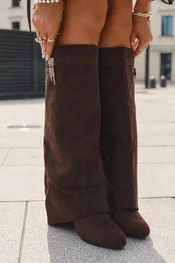 Online Kozaki Damskie Na Koturnie Z Paskiem I Srebrnym Detalem Czekoladowe Korivelle Damskie Kozaki Ocieplane|Kozaki Na Koturnie