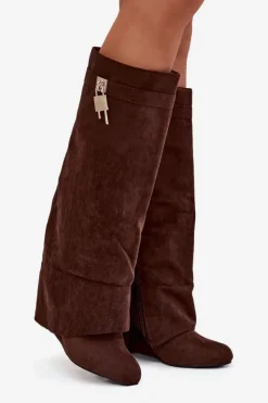 Online Kozaki Damskie Na Koturnie Z Paskiem I Srebrnym Detalem Czekoladowe Korivelle Damskie Kozaki Ocieplane|Kozaki Na Koturnie