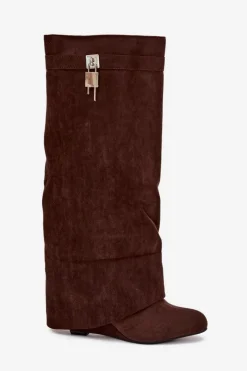 Online Kozaki Damskie Na Koturnie Z Paskiem I Srebrnym Detalem Czekoladowe Korivelle Damskie Kozaki Ocieplane|Kozaki Na Koturnie