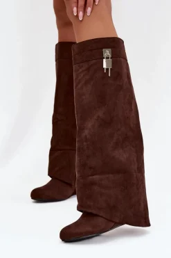 Online Kozaki Damskie Na Koturnie Z Paskiem I Srebrnym Detalem Czekoladowe Korivelle Damskie Kozaki Ocieplane|Kozaki Na Koturnie