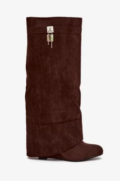 Online Kozaki Damskie Na Koturnie Z Paskiem I Srebrnym Detalem Czekoladowe Korivelle Damskie Kozaki Ocieplane|Kozaki Na Koturnie