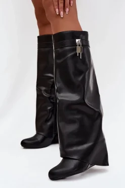 Clearance Boto Kozaki Damskie Na Koturnie Z Paskiem I Srebrnym Detalem Eko Skórzane Czarne Korivelle Czarny