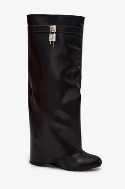 Clearance Boto Kozaki Damskie Na Koturnie Z Paskiem I Srebrnym Detalem Eko Skórzane Czarne Korivelle Czarny