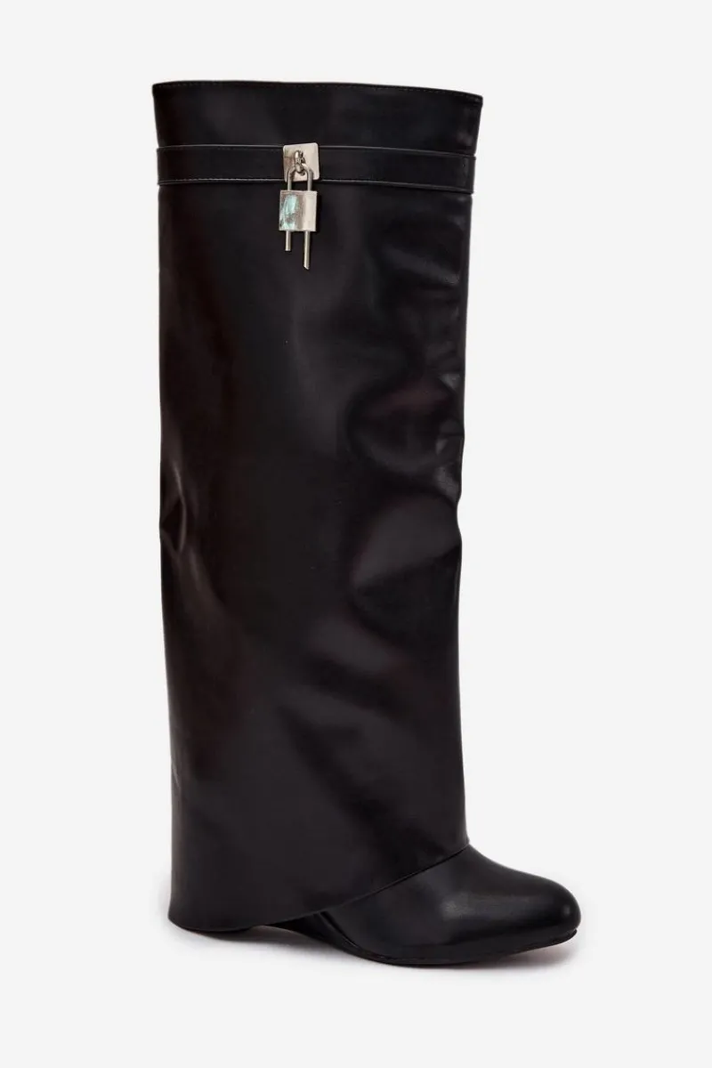 Clearance Boto Kozaki Damskie Na Koturnie Z Paskiem I Srebrnym Detalem Eko Skórzane Czarne Korivelle Czarny