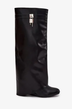 Clearance Boto Kozaki Damskie Na Koturnie Z Paskiem I Srebrnym Detalem Eko Skórzane Czarne Korivelle Czarny