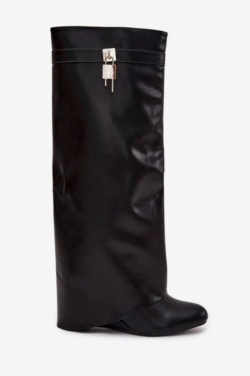 Clearance Boto Kozaki Damskie Na Koturnie Z Paskiem I Srebrnym Detalem Eko Skórzane Czarne Korivelle Czarny