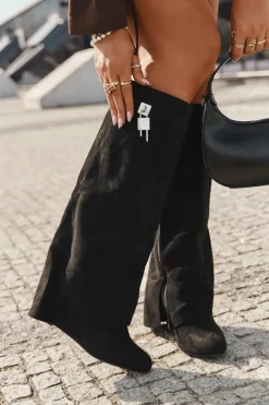 Sale Kozaki Damskie Na Koturnie Z Paskiem I Srebrnym Detalem Czarne Korivelle Damskie Kozaki Ocieplane|Kozaki Na Koturnie