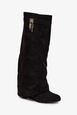 Sale Kozaki Damskie Na Koturnie Z Paskiem I Srebrnym Detalem Czarne Korivelle Damskie Kozaki Ocieplane|Kozaki Na Koturnie