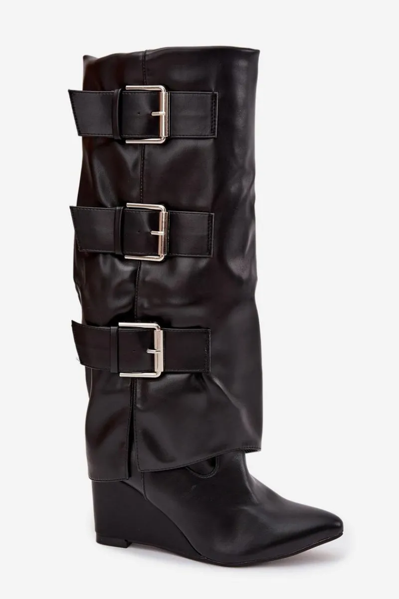 Kozaki Ocieplane|Kozaki Na Koturnie>Boto Kozaki Damskie Na Koturnie Z Wywiniętą Cholewką I Srebrnymi Klamrami Czarne Sarisse