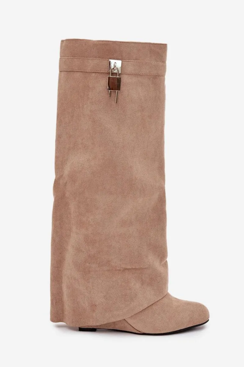 Sale Kozaki Damskie Na Koturnie Z Paskiem I Srebrnym Detalem Beżowe Korivelle Damskie Kozaki Ocieplane|Kozaki Na Koturnie