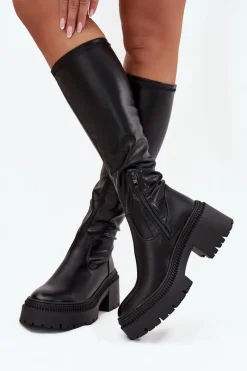 Clearance Boto Kozaki Damskie Na Masywnym Obcasie I Platformie Wsuwane Czarne Florinne