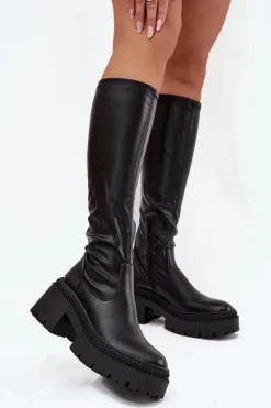 Clearance Boto Kozaki Damskie Na Masywnym Obcasie I Platformie Wsuwane Czarne Florinne