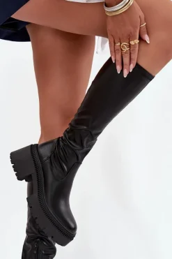 Clearance Boto Kozaki Damskie Na Masywnym Obcasie I Platformie Wsuwane Czarne Florinne