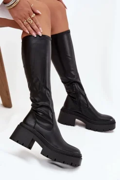 Clearance Boto Kozaki Damskie Na Masywnym Obcasie I Platformie Wsuwane Czarne Florinne