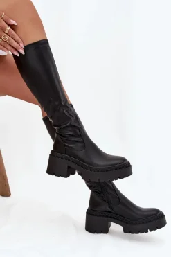 Clearance Boto Kozaki Damskie Na Masywnym Obcasie I Platformie Wsuwane Czarne Florinne