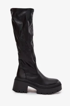 Clearance Boto Kozaki Damskie Na Masywnym Obcasie I Platformie Wsuwane Czarne Florinne