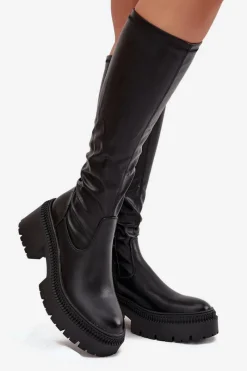 Clearance Boto Kozaki Damskie Na Masywnym Obcasie I Platformie Wsuwane Czarne Florinne