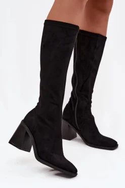 Kozaki Ocieplane|Kozaki Na Słupku>Boto Kozaki Damskie Na Masywnym Słupku Eko Zamszowe Czarne Traven