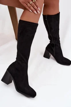 Kozaki Ocieplane|Kozaki Na Słupku>Boto Kozaki Damskie Na Masywnym Słupku Eko Zamszowe Czarne Traven