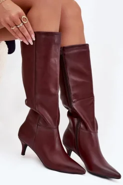 Clearance Kozaki Damskie Na Niskiej Szpilce Ocieplane Z Eko Skóry Bordowe Marcellia Damskie Kozaki Ocieplane|Kozaki Na Szpilce