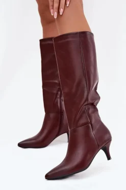 Clearance Kozaki Damskie Na Niskiej Szpilce Ocieplane Z Eko Skóry Bordowe Marcellia Damskie Kozaki Ocieplane|Kozaki Na Szpilce
