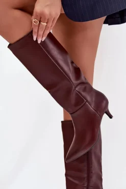 Clearance Kozaki Damskie Na Niskiej Szpilce Ocieplane Z Eko Skóry Bordowe Marcellia Damskie Kozaki Ocieplane|Kozaki Na Szpilce