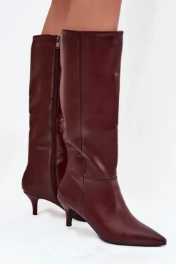 Clearance Kozaki Damskie Na Niskiej Szpilce Ocieplane Z Eko Skóry Bordowe Marcellia Damskie Kozaki Ocieplane|Kozaki Na Szpilce
