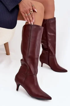 Clearance Kozaki Damskie Na Niskiej Szpilce Ocieplane Z Eko Skóry Bordowe Marcellia Damskie Kozaki Ocieplane|Kozaki Na Szpilce