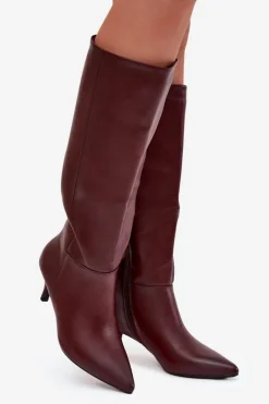 Clearance Kozaki Damskie Na Niskiej Szpilce Ocieplane Z Eko Skóry Bordowe Marcellia Damskie Kozaki Ocieplane|Kozaki Na Szpilce