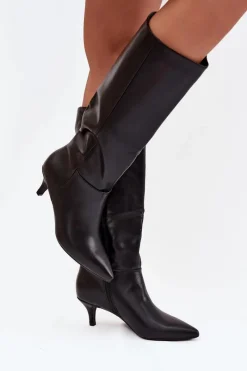 Kozaki Ocieplane|Kozaki Na Szpilce></noscript>Boto Kozaki Damskie Na Niskiej Szpilce Ocieplane Z Eko Skóry Czarne Marcellia