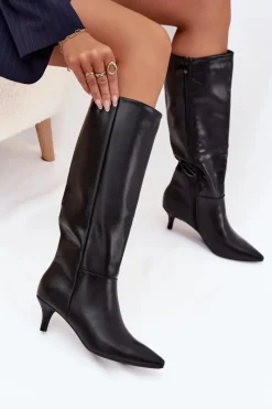 Kozaki Ocieplane|Kozaki Na Szpilce></noscript>Boto Kozaki Damskie Na Niskiej Szpilce Ocieplane Z Eko Skóry Czarne Marcellia