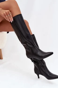 Kozaki Ocieplane|Kozaki Na Szpilce></noscript>Boto Kozaki Damskie Na Niskiej Szpilce Ocieplane Z Eko Skóry Czarne Marcellia