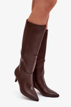 Online Boto Kozaki Damskie Na Niskiej Szpilce Ocieplane Z Eko Skóry Czekoladowe Marcellia